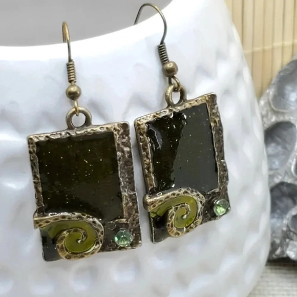 Antiqued Enamel Crystal Earrings Green Rectangle - Picture 1 of 8